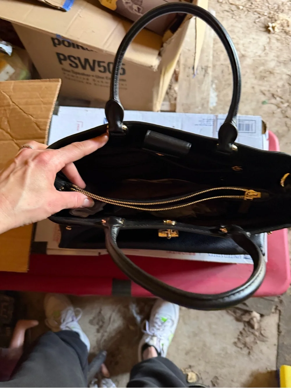 Black Leather Tote Bag with Gold Accent